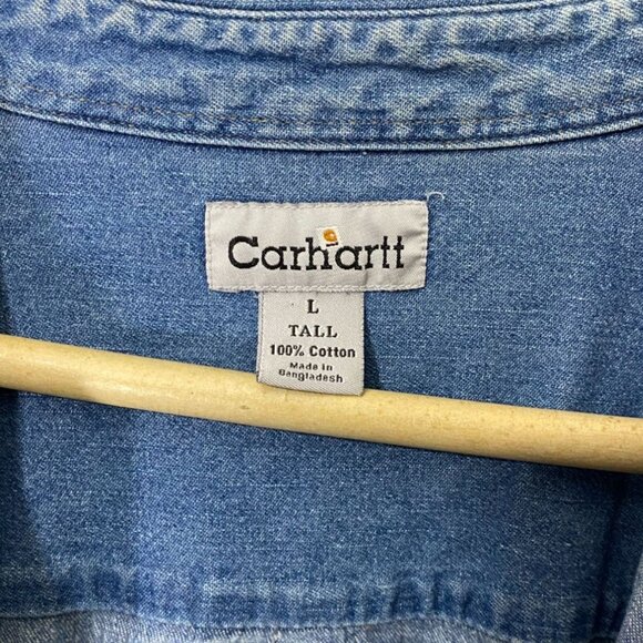 Vintage Carhartt  Chambray Shirt Large Blue Denim Button-Up With Dual Pockets - Picture 3 of 10